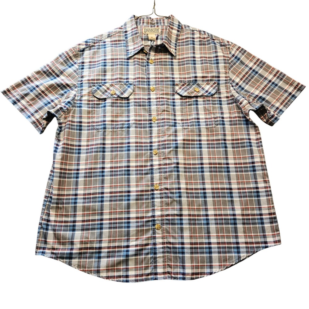 Duluth Trading Co Mens XL Blue Plaid Short Sleeve Button Down Work Shirt Ripstop